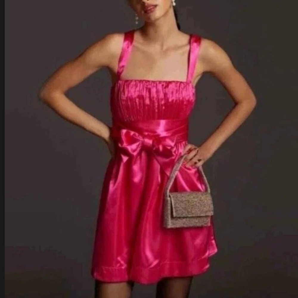 Maeve Anthropologie Hot Pink Satin A-line Mini Party Cocktail Dress Size 0 NWT